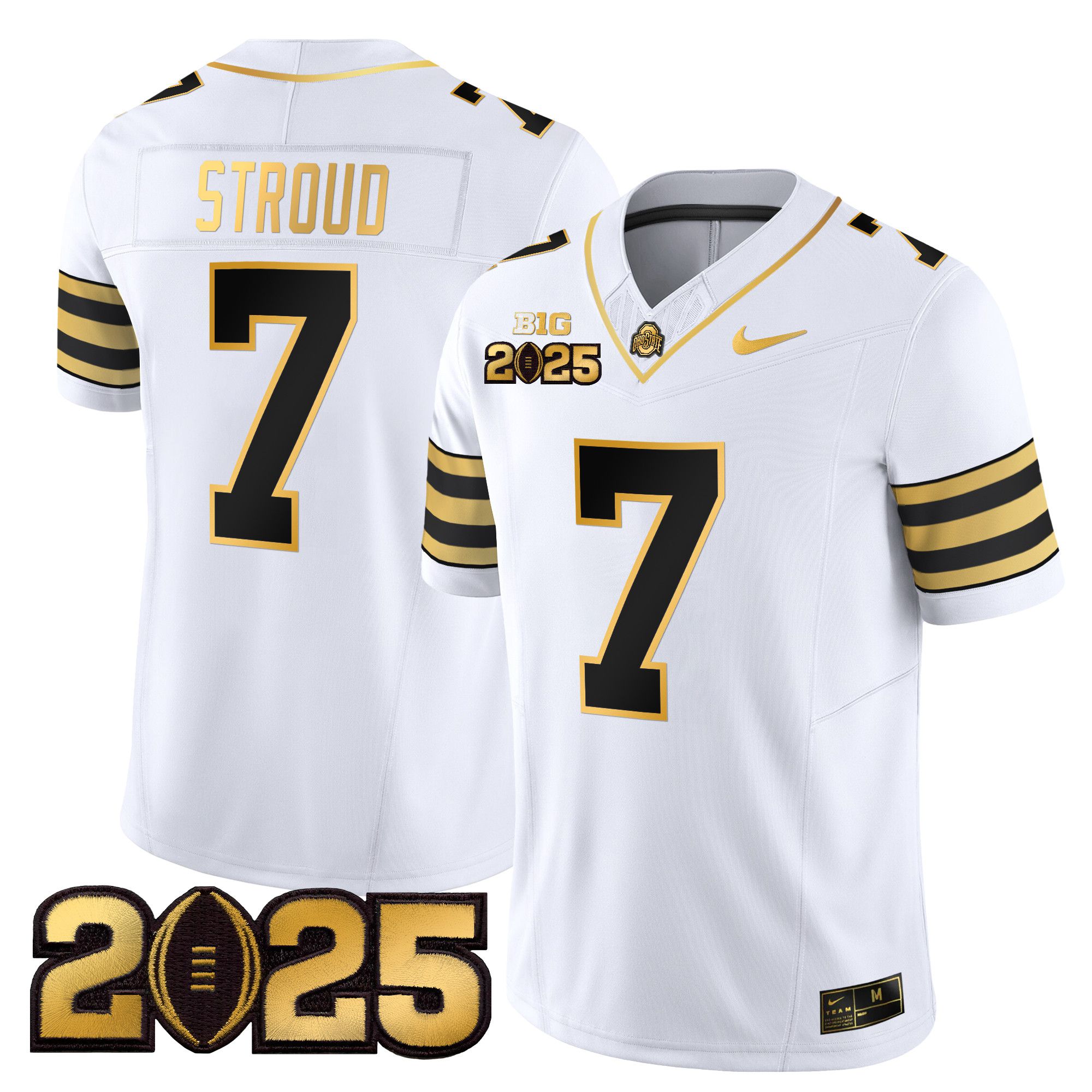 Men Ohio State Buckeyes #7 Stroud White 2025 CFP Final Patch Gold Vapor Limited NCAA Jersey->ncaa teams->NCAA Jersey
